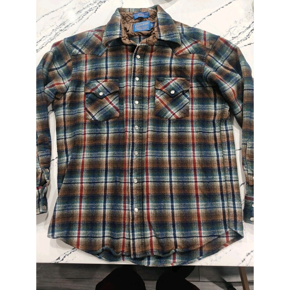 Pendleton Women's Wool Shirt Green Plaid Virgin Wool Large Long Pearl Snap USA